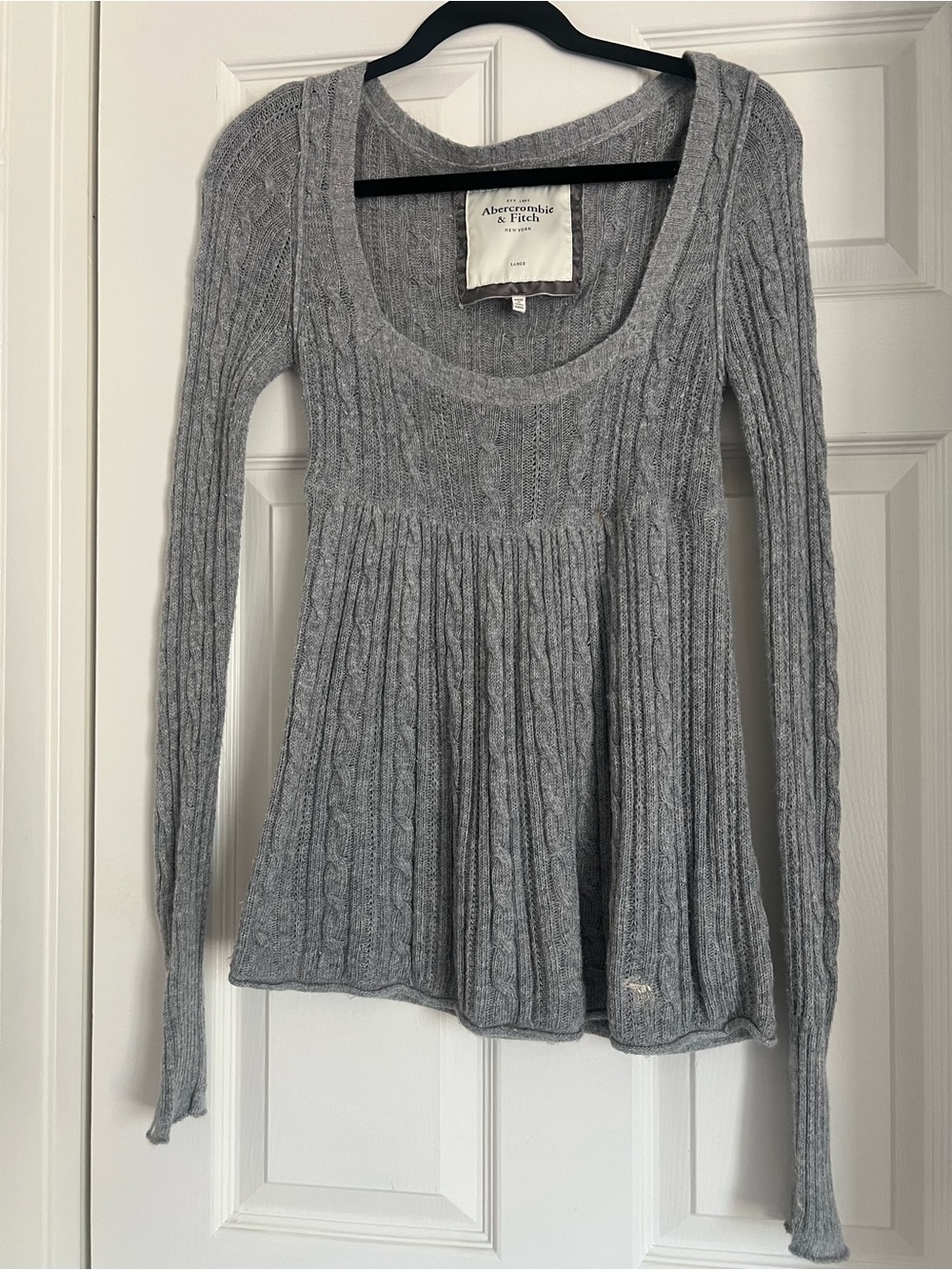RARE Abercrombie & Fitch Y2K Gray Babydoll Sweater Top Scoop Neck Long Sleeve L